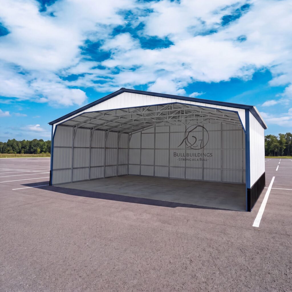 Large open-front metal carport sized for RV and boat storage