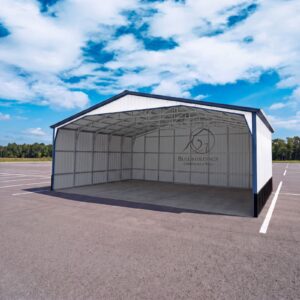 Large open-front metal carport sized for RV and boat storage