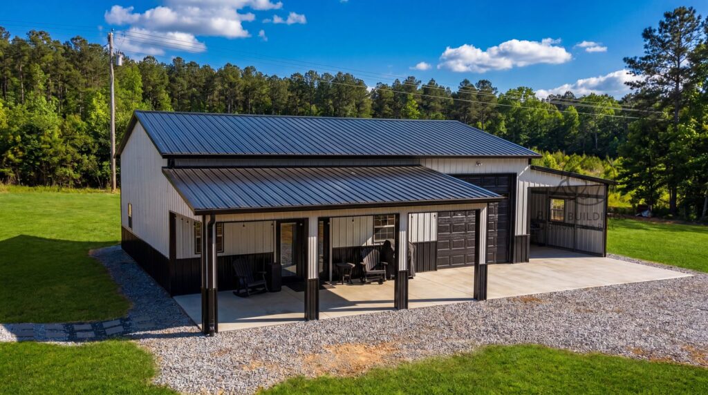 Metal building with covered porch and steel roof on a green lawn, an example of a rent-to-own metal building from Bull Buildings