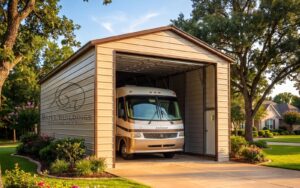 Tan metal RV garage with a motorhome parked inside, an example of a metal building for RV owners